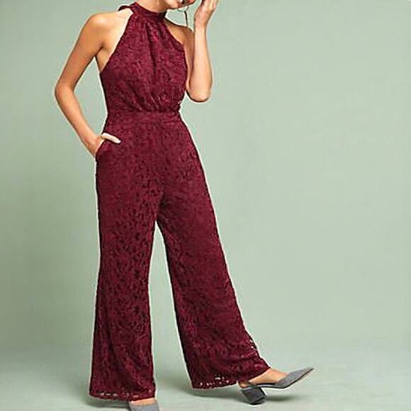 Anthropologie ett:twa Aida Burgundy Lace Halter Jumpsuit Size 8 - Picture 1 of 8